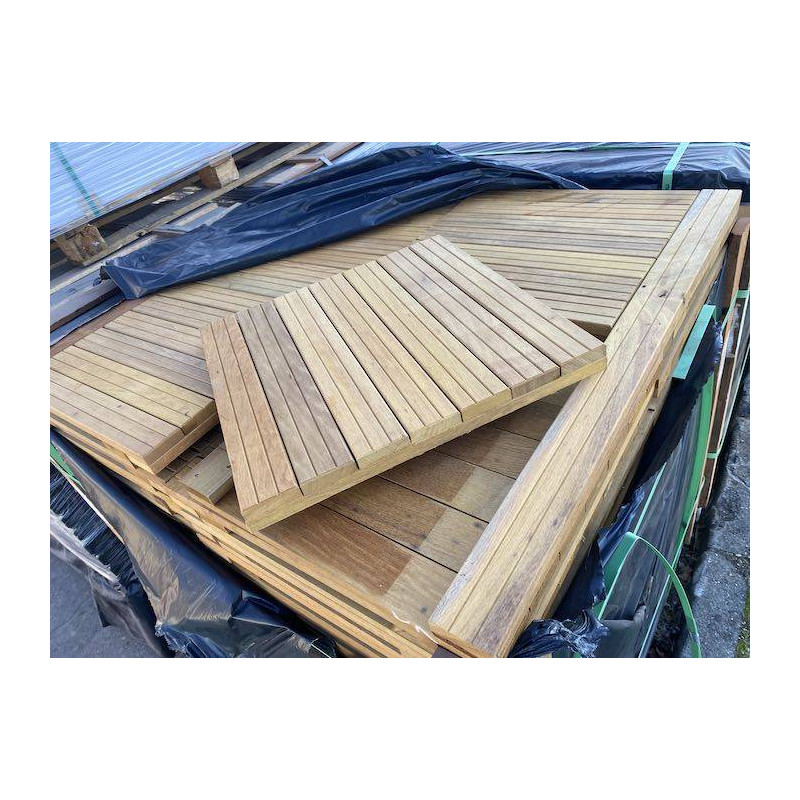 Parquet Dalle caillebotis en bois exotique Itauba - 500 x 500 x 38 mm - 7 lames 2 rainures