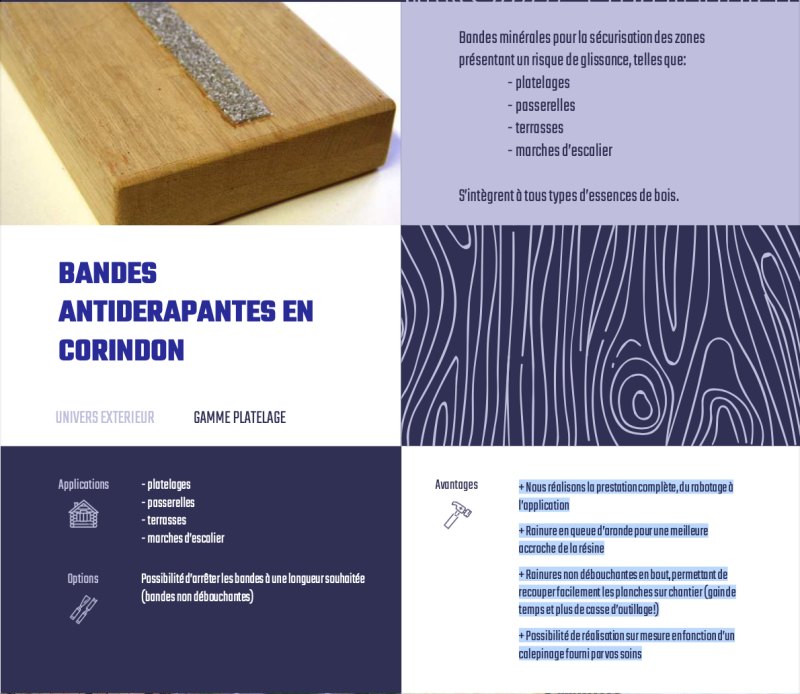 Parquet Usinage feuillure et bande antidérapande résine et corindon