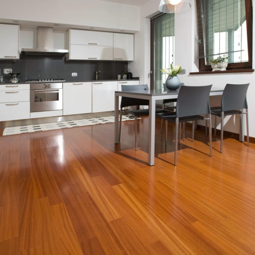 Parquet massif Doussie - 14 x 130 mm - verni