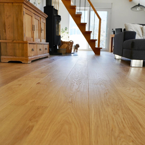 Parquet contrecollé Chêne Rustique - 14 x 194 mm - verni naturel - brossé - PROMO
