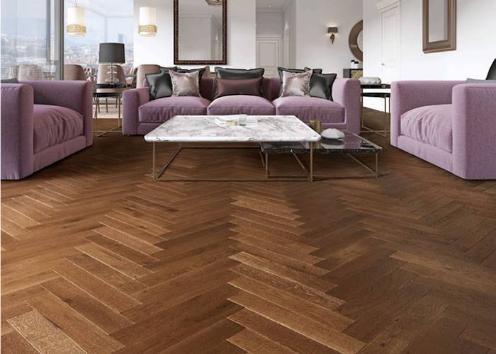 Parquet contrecollé Chêne Rustique/Campagne Bâton Rompu - 16 x 90 mm - verni mat - arêtes viellies