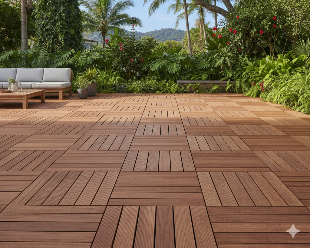 Dalle caillebotis en bois exotique Massaranduba - 1000 x 1000 x 44 mm - 14 lames