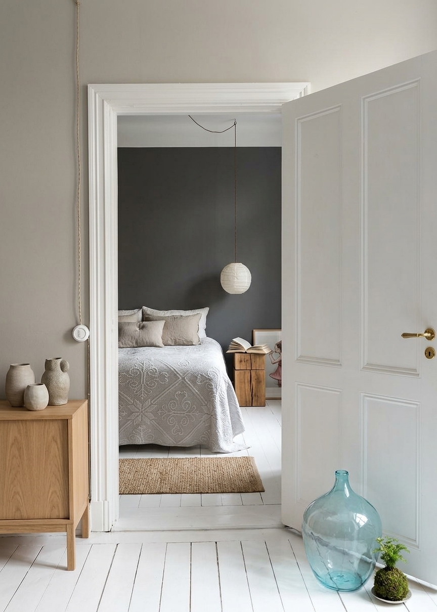 Chambre en parquet peint blanc, ambiance lumineuse
