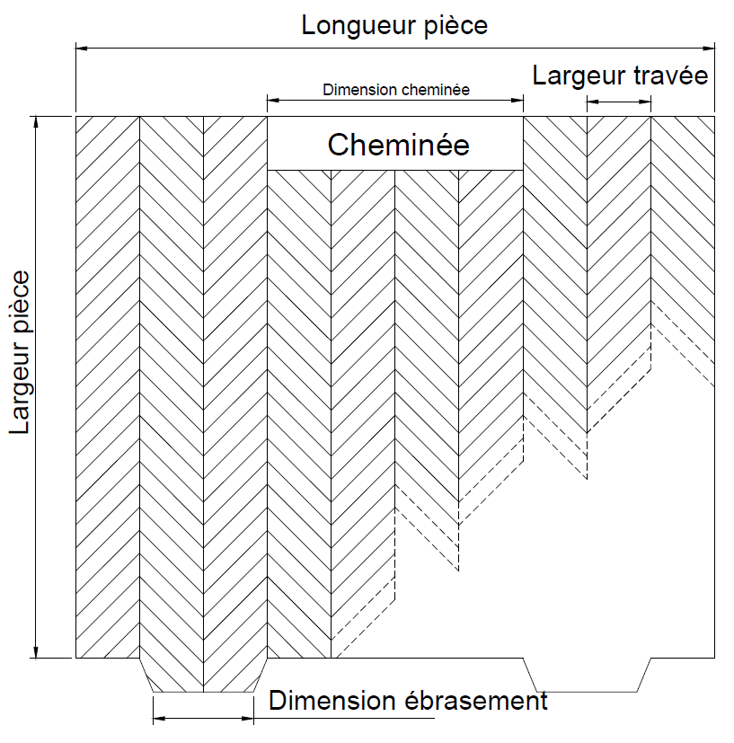 Schéma de calepinage d'un parquet en point de Hongrie avec dimension cheminée et largeur travée