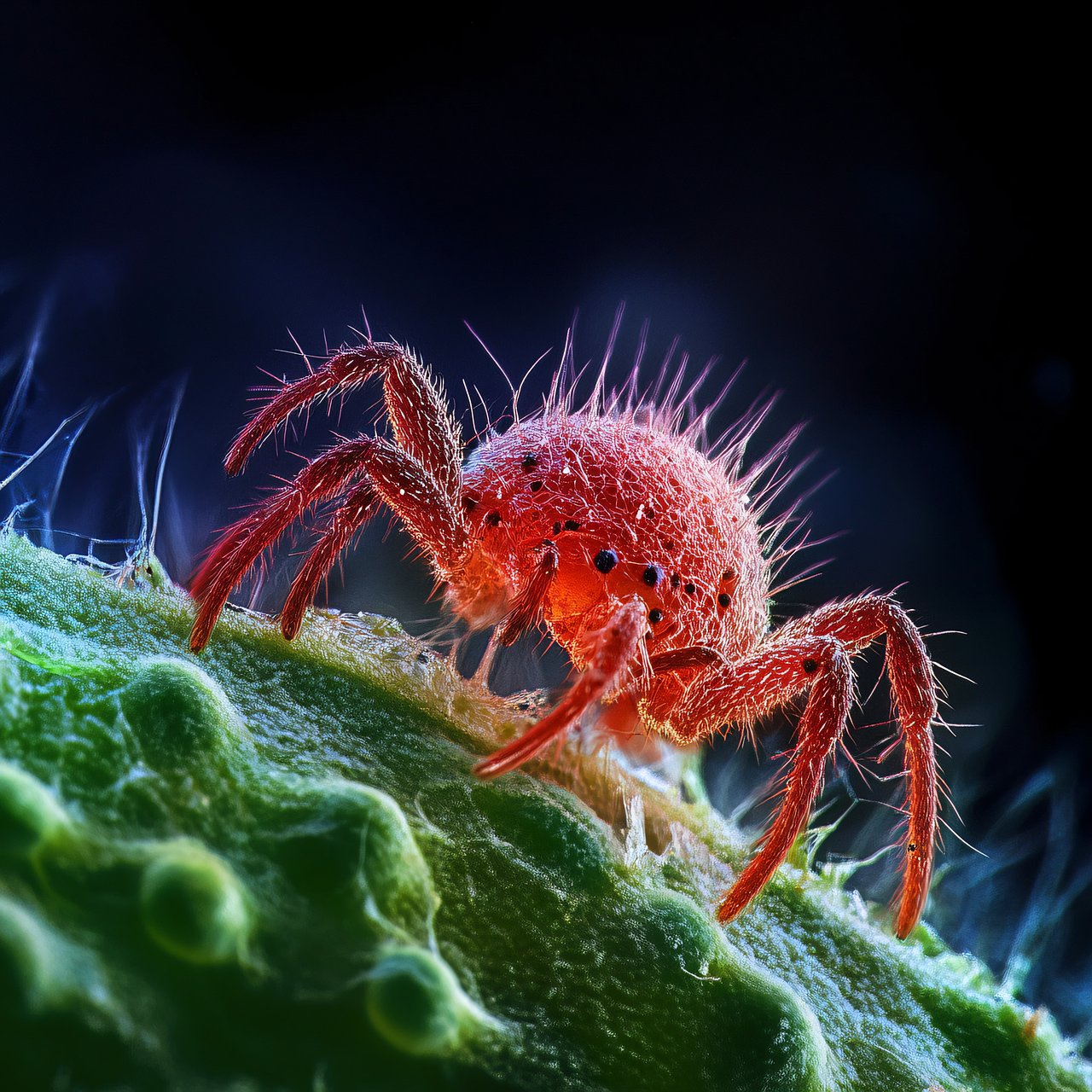 Vue d’artiste d’un acarien au microscope, colonisant un textile