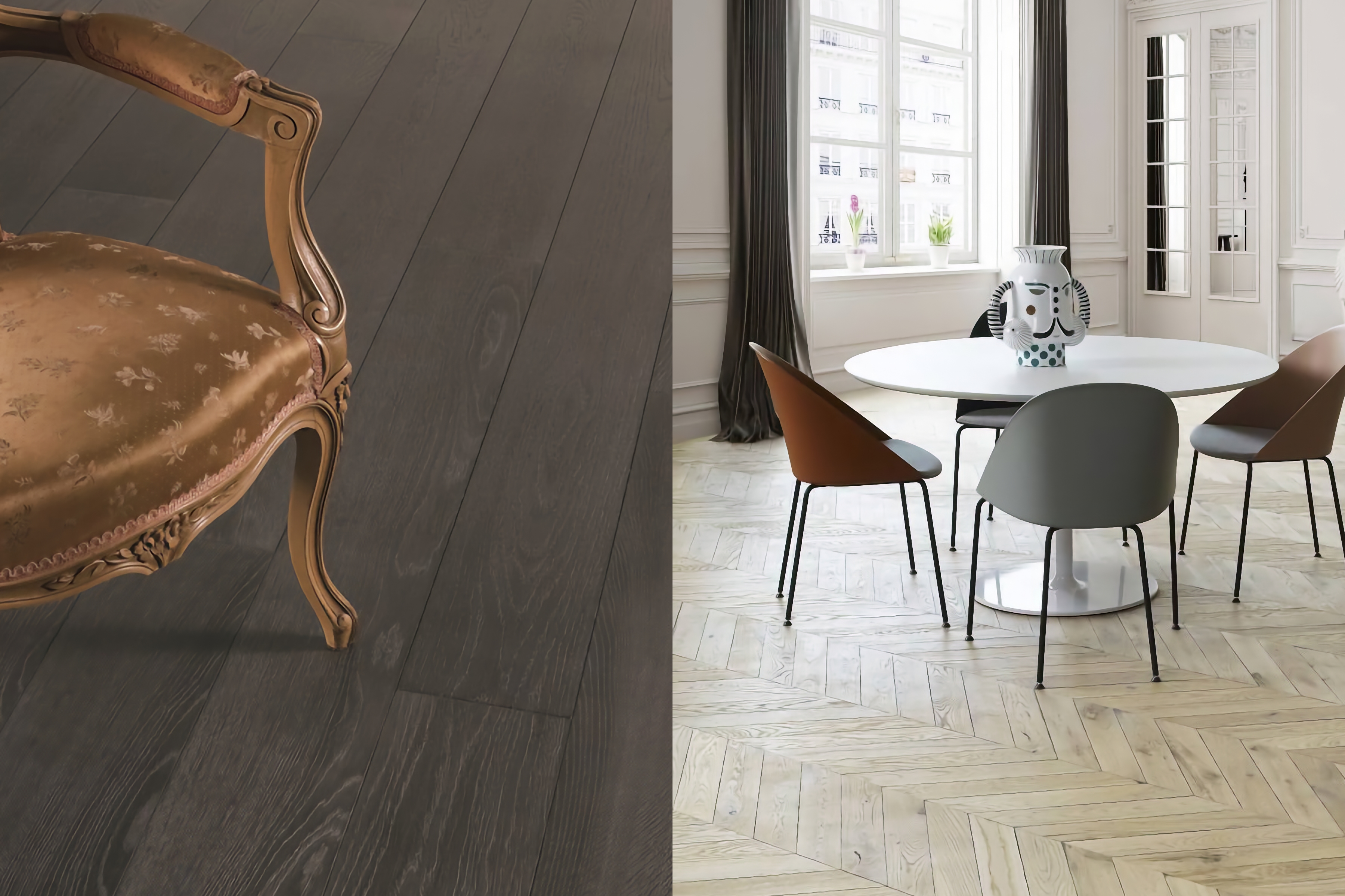 Deux ambiances de parquet en chêne : lames larges foncées à gauche, parquet point de Hongrie clair dans une salle à manger de style haussmannien à droite