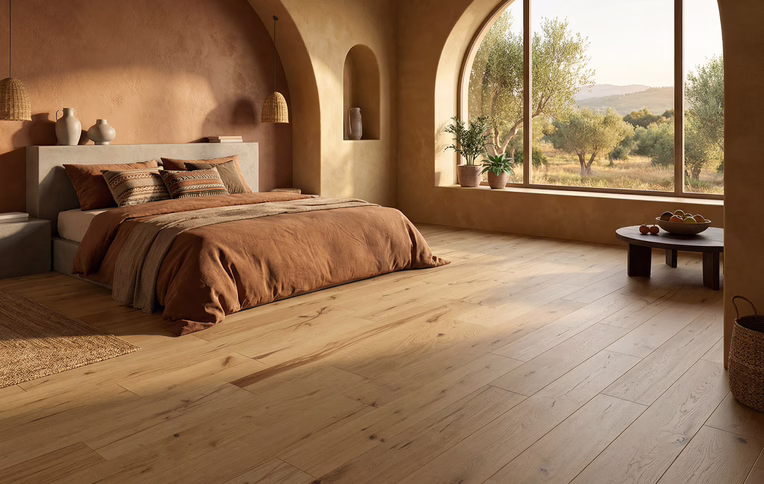 Chambre habillée d'un parquet marron, ambiance intemporelle