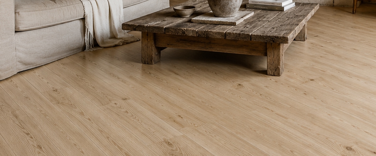 Parquet massif en châtaignier posé dans un salon, veinage chaud et chaleureux