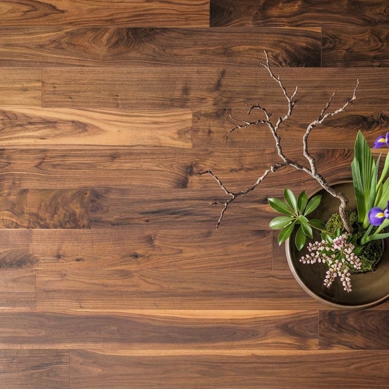 Parquet contrecollé en Noyer, tons brun profond proches du noir