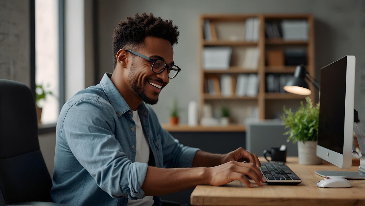 jeune conseiller souriant devant son ordinateur, stage commercial online chez Floorz La Grande Parqueterie