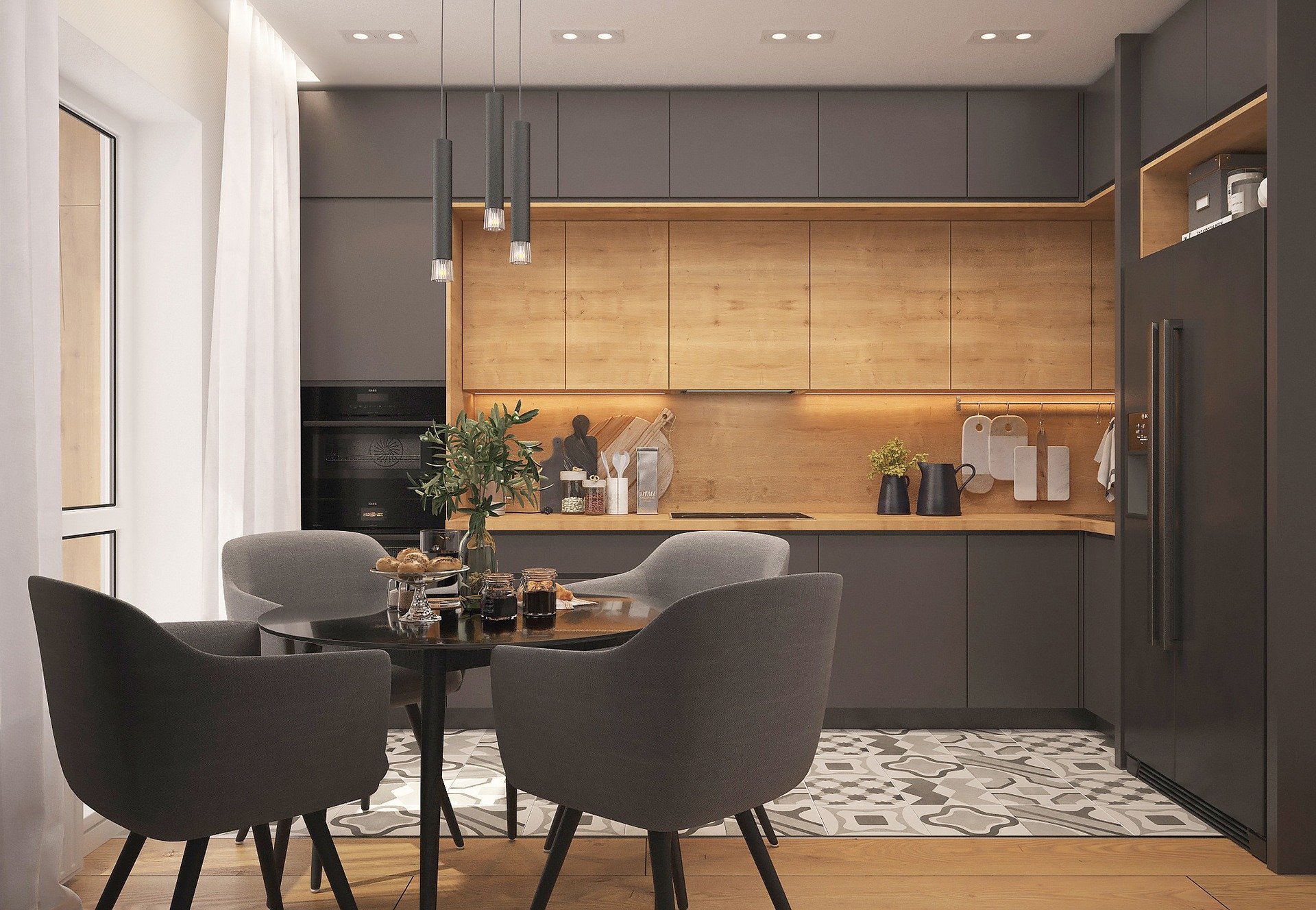 cuisine ouverte conviviale — salon salle à manger — parquet et carrelage associés