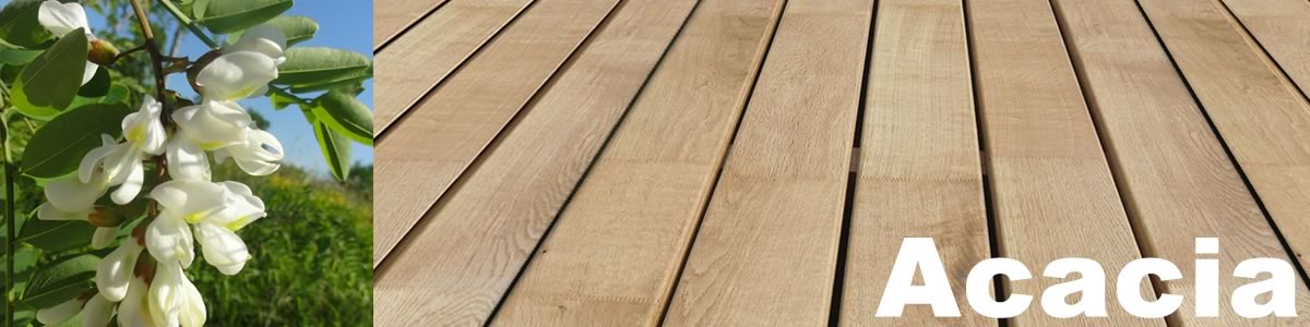 Lames de terrasse en acacia / robinier (Robinia pseudoacacia) — classe 4, blond doré, Monnin 9,5, essence feuillue la plus durable d’Europe